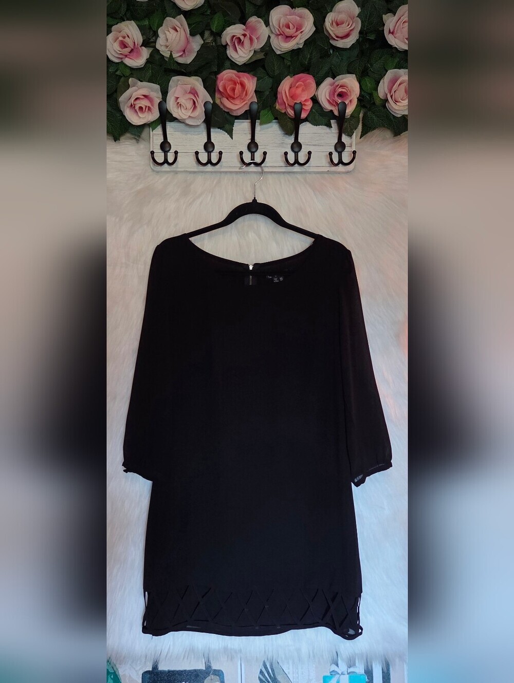 Sequin Hearts Black Tunic Dress with Lattice Hem (NWOT)